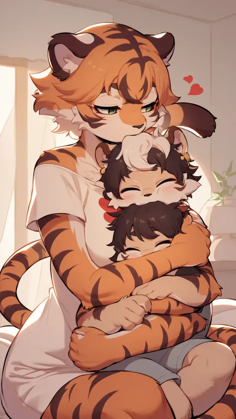 Shimajiro, the striped tiger, Shimajiro and his mother , artistic , (heart is beating fast:0.5), Twisted Maternal love , I want to hug you , erotica , Dimly lit room , euphoria , ooze , bold action , thumb , Thumb sucking