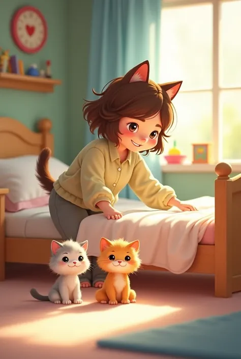 

"An extraordinarily cute and heartwarming scene featuring an anthropomorphic mother cat with soft, fluffy fur and a nurturing expression. She is wearing comfortable, casual clothing, such as a pastel blouse and cozy pants, as she changes the bedsheets on...