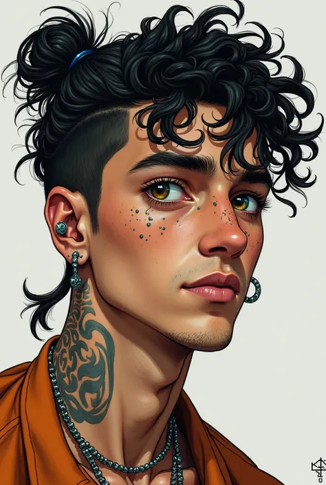 Charming young latino man with thick curly black hair in a short ponytail, lots of facial piercings jewelry, tattoos, scruffy face, left eye computer bright teal, right eye brown, some scars, cyberpunk drawing style