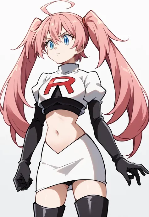 score_9, score_8_up, score_7_up, source_anime, milim nava, long hair, blue eyes, hair between eyes, twintails, very long hair, pink hair, ahoge,, looking down, , cowboy shot, team rocket,team rocket uniform,white skirt,red letter R,crop top,black thigh-hig...