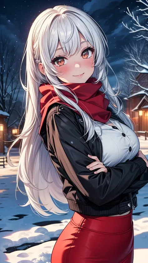 ((masterpiece, best quality:1.3, high detail)), beautiful woman, smile, looking at viewer, long hair, (white hair), solo focus, one person only, full-face blush, (dark brown jacket, white blouse, red scarf, (long red pencil ((skirt))), boots, outdoors, (ni...