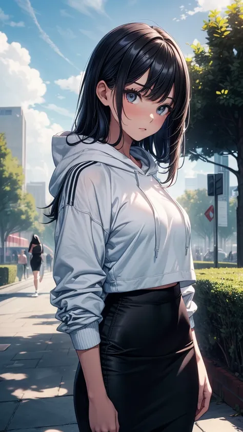 ((masterpiece, best quality:1.3, high detail)), beautiful woman, looking at viewer, long hair, (dark blue hair), solo focus, one person only, (white hoodie, (long black pencil ((skirt))), (long skirt:1.1), sneakers, outdoors, (cloudy sky), (upper body), pa...