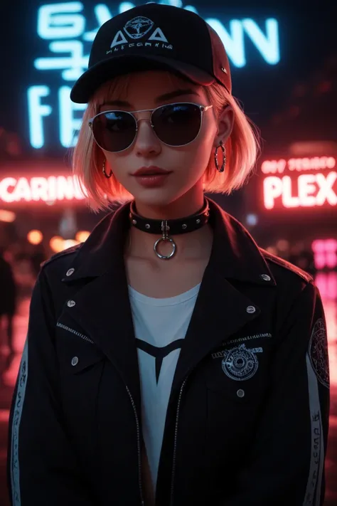 plano cercano del rostro, Alternative girl,  looking over black sunglasses, jacket, collar,  reflections of neon light on the skin, earring, make-up,  skin imperfections ,  short hair, cap, neon light background , low light,  depth of field ,  ,  high cont...