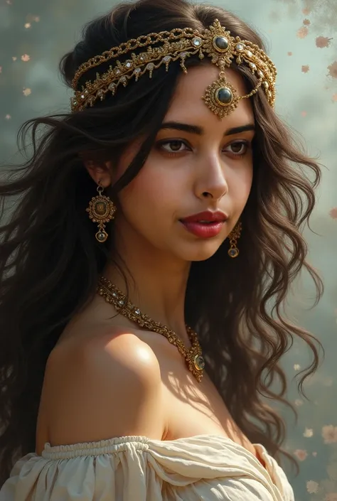 Generate a Greek goddess with accessories with that face and that dark brown hair but only the face