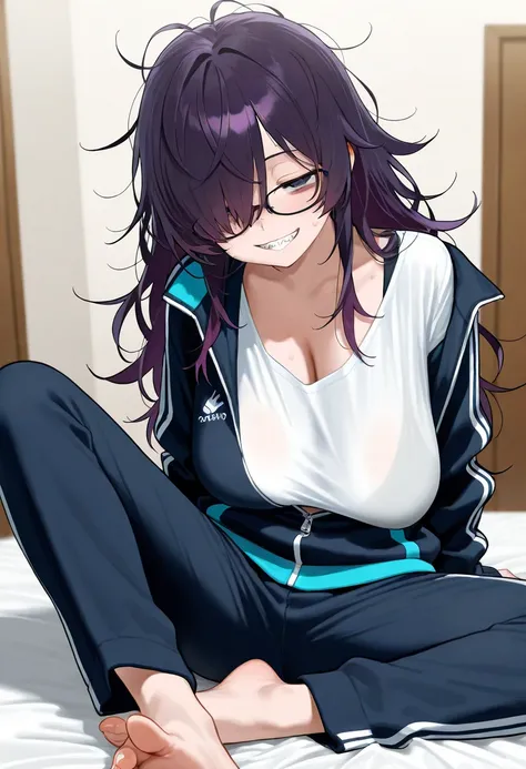 (masterpiece, best quality, amazing quality, very aesthetic, absurdres, newest:1), masterpiece,best quality,amazing quality,1girl,solo,solo girl,long hair,dark purple hair, ((messy hair)), hair over one eye,bags under eyes ,jitome ,half closed eyes,glasses...