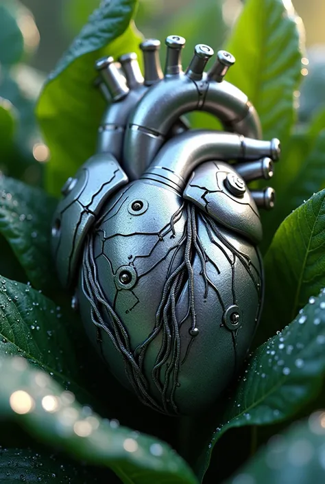 Heart Bionic heart with intricate cable grooves like veins and shiny white titanium gears  ,shiny silvery on wet iridescent foliage with morning dew grains,detail,realistic,ultra HD