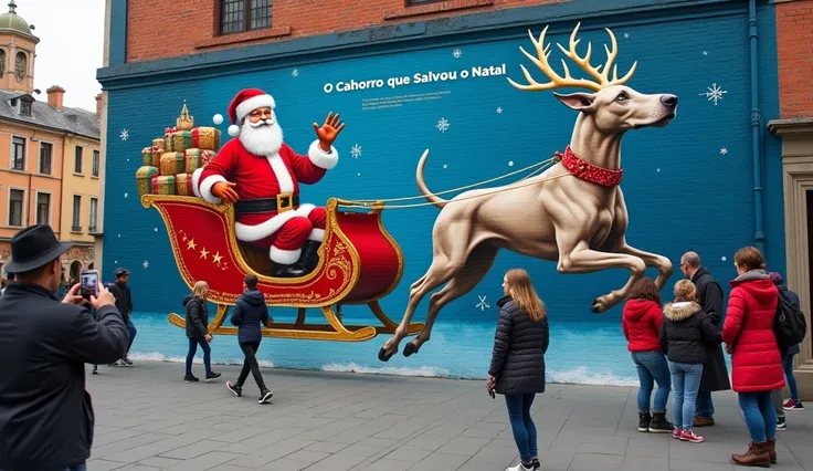 A ultra realistic image of a stunning mural is painted on a brick wall in a busy city square. The mural depicts Rudolph, the giant Great Dane with his immaculate, even gray coat and bright red bow tie, leading a flying sleigh. Santa Claus, in his iconic re...