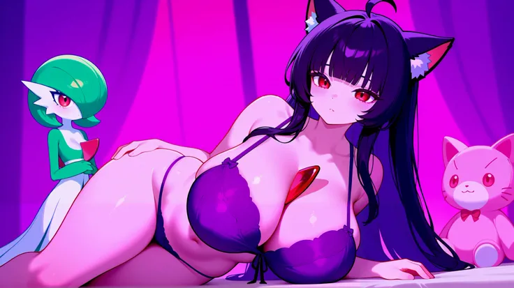 Me with big breasts, ((1 cat girl)) ((black hair, Ahoge, straight bangs,)), Long hair, ((beautiful red eyes)) sharp eye, Beautiful skin, extremely sexy body, pretty face, Red eyes, beautiful breasts, purple lingerie and stuffed Gardevoir, and a friend by m...