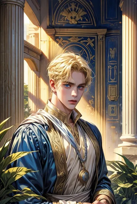 Single,  high resolution ,  blue eyes,  Blonde Hair,  split body lens, Ancient Greek background 、 Son of Apollo、gentle、man、Handsome、25 years old、accurate、Ancient Greek prince costume 、 Blonde Hair Wearing a Laurel、ancient greek architecture