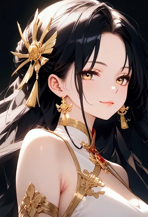 nstw, realistic skin, high quality skin,  ((masterpiece)), ((best quality)), (ultra-detailed), ((sexy)), (ero), full body, look up from below, daytime, a pretty woman, solo, Chinese dress, with Beautiful golden phoenix embroidery , beautiful black hair, be...