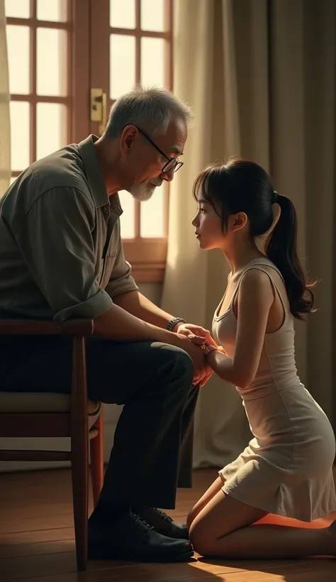 a Korean father sitting on a chair, his daughter squatting to apologize, his daughter wearing a tight dress, cleavage in detailed facial features, intricate clothing texture, warm lighting, cinematic composition, photorealistic, detailed scenery, emotional...