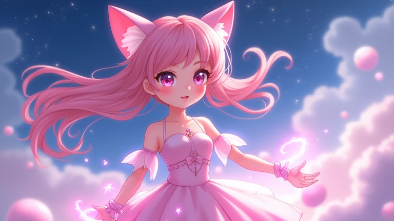 Create a stunning anime-style illustration of a humanized version of Mew. She is depicted as a graceful and ethereal woman with soft pink hair flowing gently around her. Her outfit is a delicate, magical dress with glowing pink and white accents, represent...