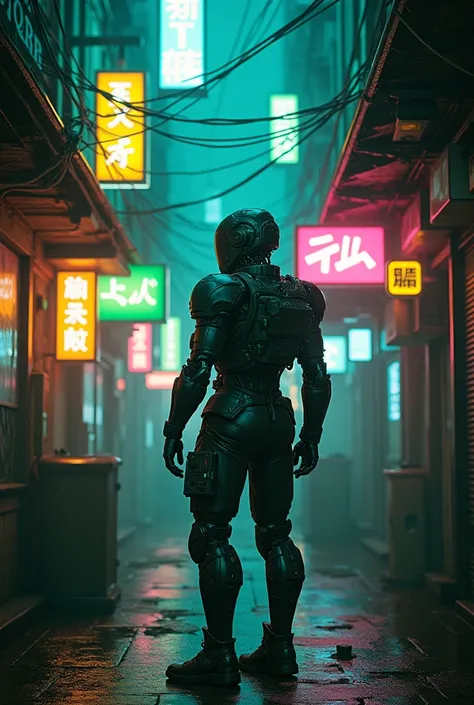 A cyberpunk digital artwork depicting a technological future, characterized by dense neon signs in various colors such as green, blue, yellow, pink, orange and red. The central figure is a mercenary robot, 1 cyberpunk robot, wearing technological armor, me...