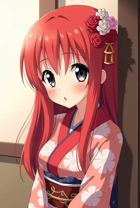 A girl with red hair standing to the right blushing and a bit shy looking she has black eyes and a red and white kimono a full body pic pls and she looks a bit shshocked Animie style