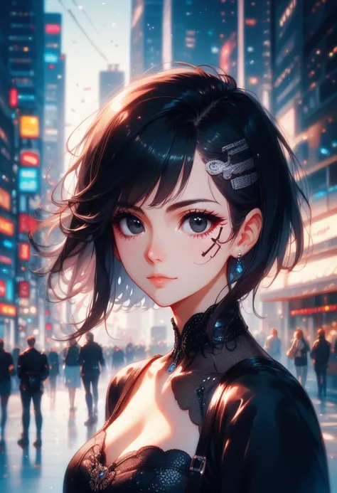  extremely + thorough _face， extremely + beautiful + thorough _Eye， upper body，high quality ， cyberpunk backgrounds ，sketch ，solid color ， Woman in black shirt and black dress， minimalist style ， Wears elegant casual ，boots， Milk and black style ， with bla...