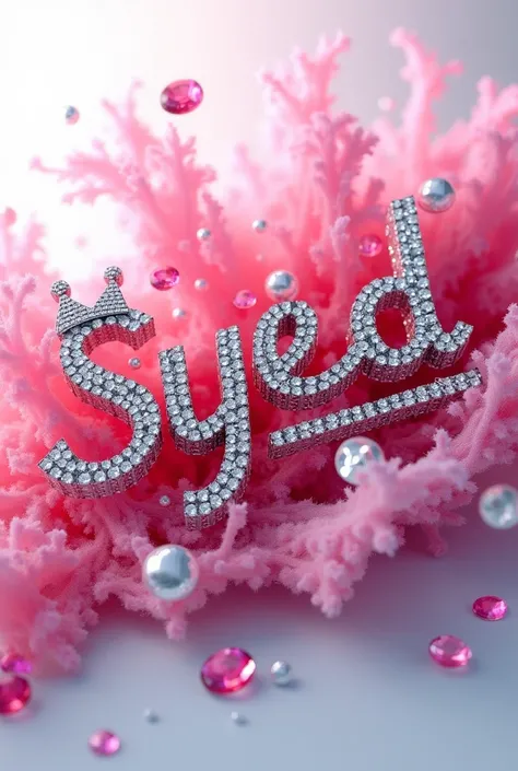 Prompt: 3D, colorful splash of pink and white, with the metallic text text/name ”SYEDFARHANSHAH”  written in diamonds. Include rubies and diamonds, have a crown on the letter L 