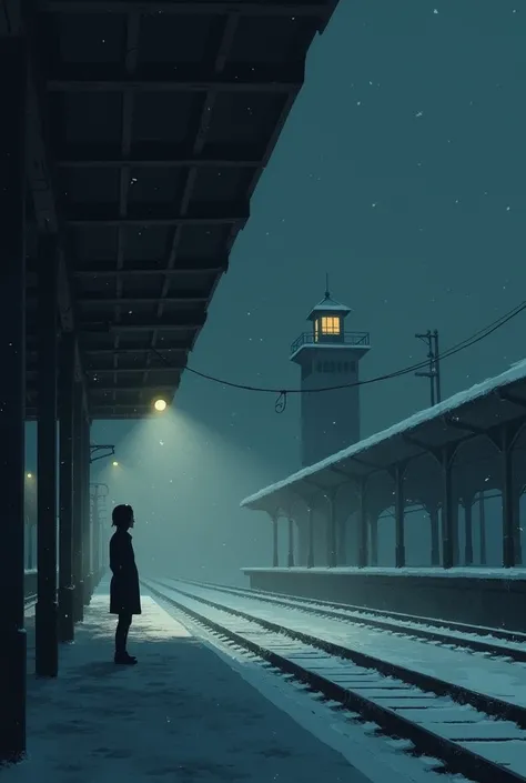  A picture of a person at the station waiting for the arrival of a train, but never comes ,  with a rather dim and snowy atmosphere ,  sadness dominates the atmosphere 