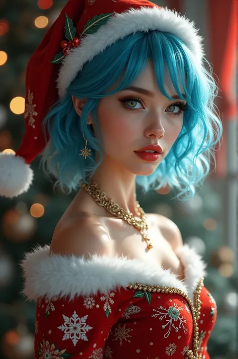 realistic,photorealistic,photo-realistic:1.37,highly detailed,(best quality,4k,8k,highres,masterpiece:1.2),ultra-detailed,beautiful young woman,22 years old,blue hair,turquoise eyes,wearing Christmas outfit,beautiful detailed eyes,beautiful detailed lips,e...