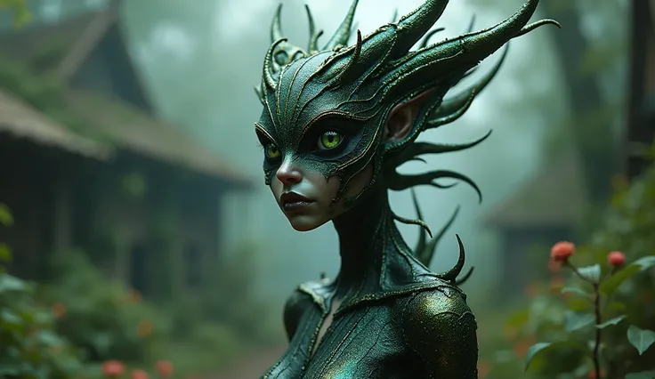 Deep black copper plant goddess demon of nature made of plants of Silent Hill,chinesse pixie,A charming and fascinating creature with otherworldly forms that blend the best aspects of the monster human form and the innocent charm of a precocious , once pre...