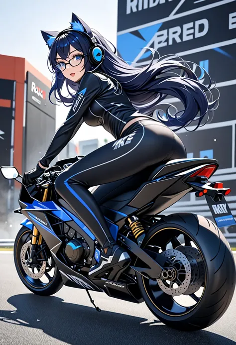 8K Ultra High-Quality, ultra-detailed, High quality, dark blue hair, long hair, cat ears, headset, glasses, gloves, black hoodie, spandex pants, full body, close up, side view, big sports motorcycle, motorcycle, riding pose