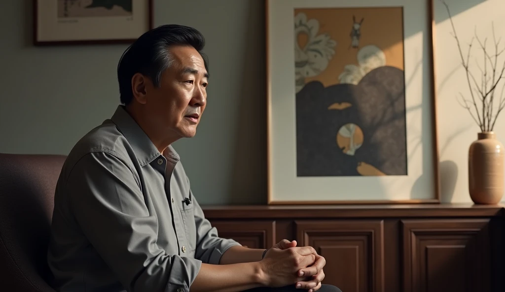 a middle aged Korean man sitting next to the image on the right