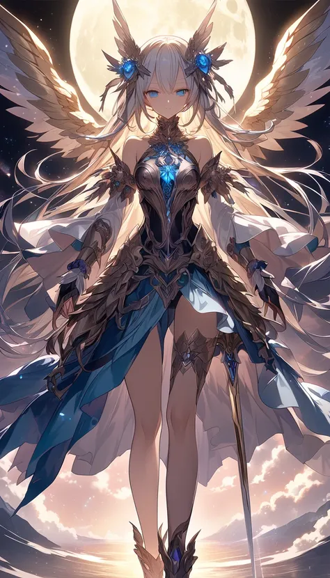 翼と剣を持ち、 Woman Standing in Front of a Full Moon with Wings and Sword , Star Fairy, Angel Knight Girl,  Magician in the Beautiful Sky, animeファンタジーアート,  Beautiful Cyborg Angel Girl ,   Shadowverse Style , Nightcore, as a  Mysterious Valkyrie , 複雑で装飾的なanimeCGI...