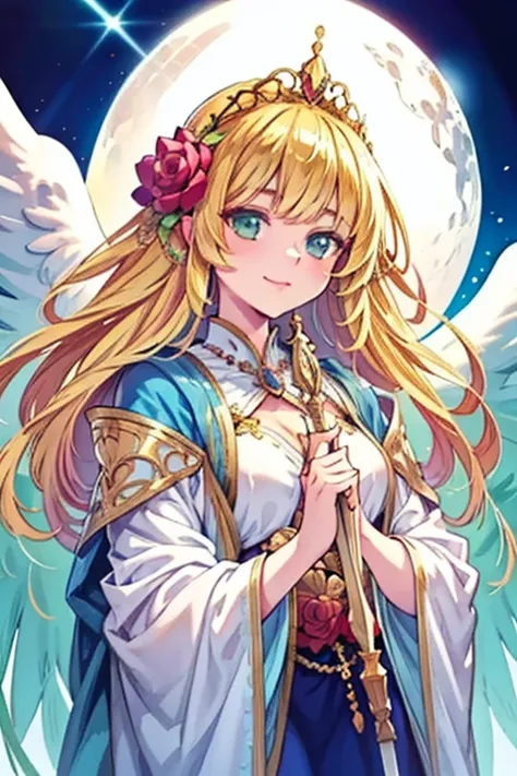 (masterpiece, 8k, best quality, illustration), 1girl, angel, beautiful, long flowing golden blonde hair, large, expressive green eyes, delicate features, small smile, ornate golden tiara with a large iridescent oval gem and flower accents, flowing light bl...