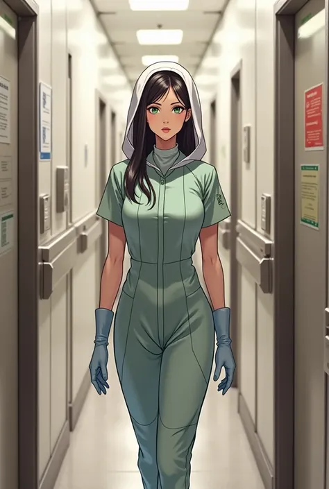 Bishoujo anime greek Nurse has an Olive skin tone Black hair and green eyes wears a white tyvek suit with a hood a surgical mask and light blue latex gloves