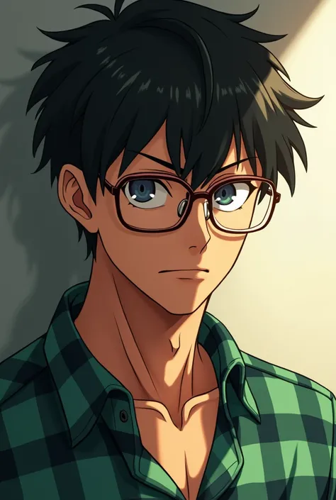 Create an adult male anime character, not thin, Not muscular tanned, with glasses, tender, but angry, with green checkered shirt 