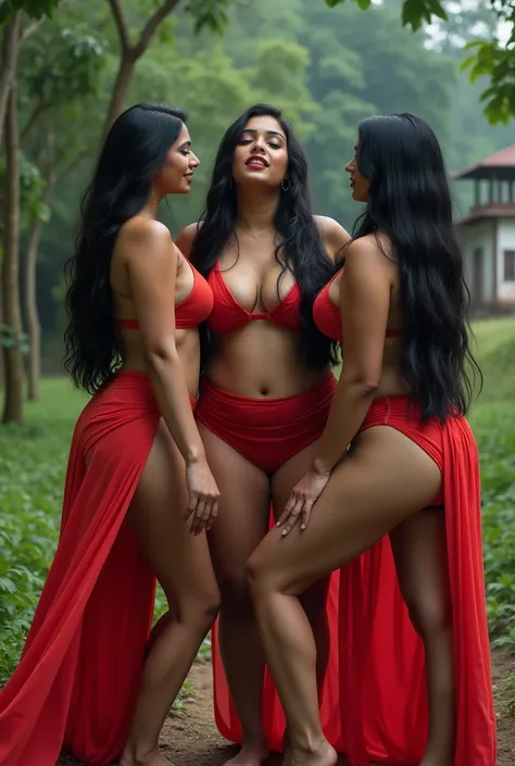 The three beautiful Malayali woman sits on her servants boys shoulder, women age is 30, large breasts, Wearing micro bikinis, open gowns , Black Hair, full figure, Drunk, walking, reverse shoulder ride, wearing shoes ,hill areas, singing,  close up, dancin...