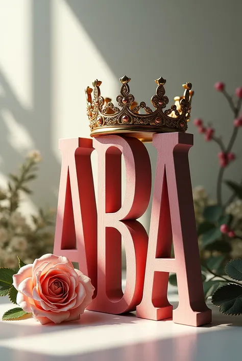 capital typografi font written "Aba" bold,artistic,with a rose flower beside it,with a crown on top of it,,