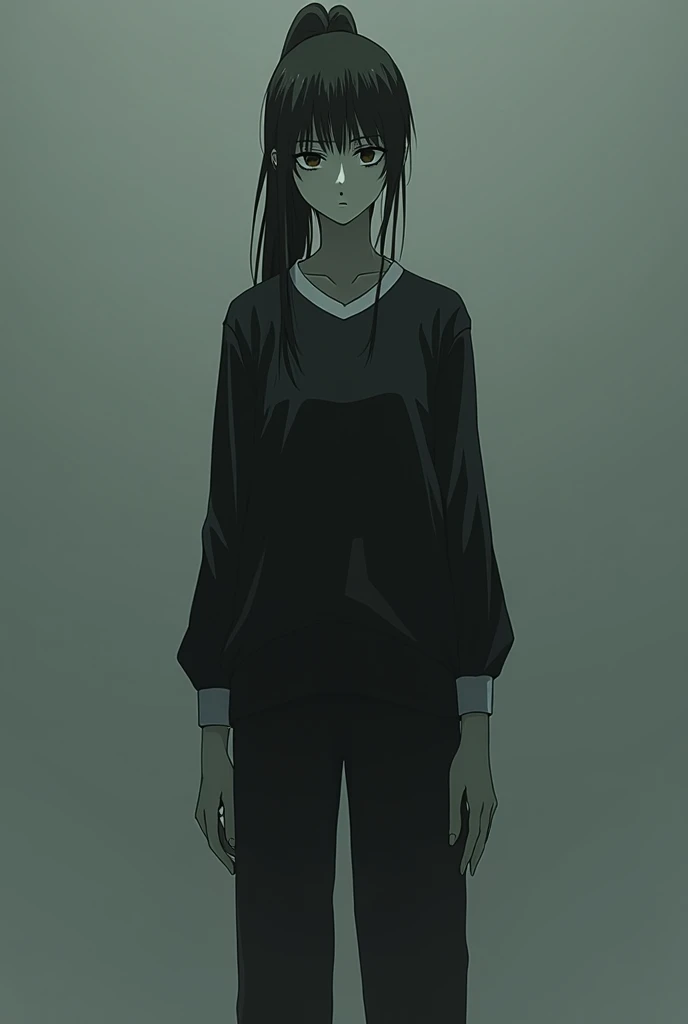 woman, long arms, long ponytail black hair, black sports_uniform, black tracksuit, loose pants, dark circles, pale skin, tall woman, score_9, score_8_up, score_7_up, source_animé,BREAK,yamamura sadako