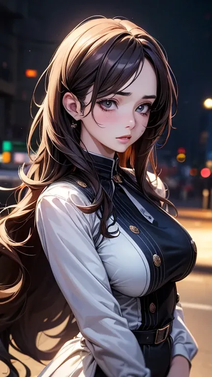 a cool anime 18 years old girl in maid suit, big boobs, cool, beautiful detailed face, long wavy hair, perfect body ratio, adorable girl, 3:4 body looks, front view, look at the camera, perfect background, (best quality,4k,8k,highres,masterpiece:1.2),ultra...