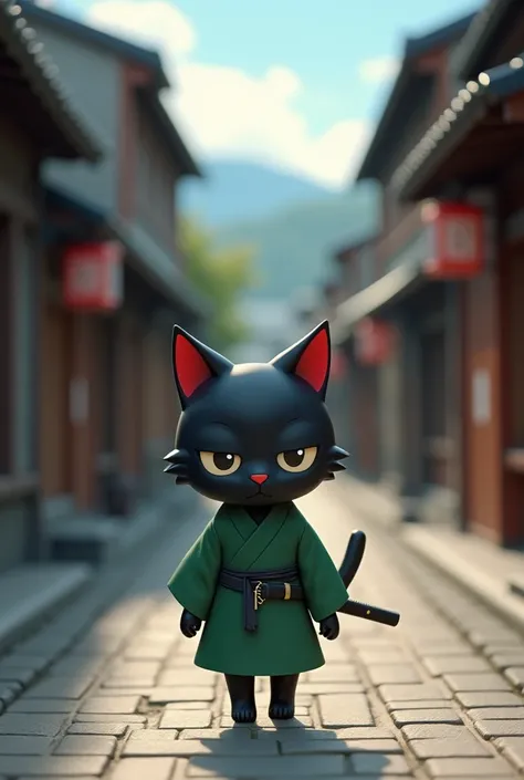 Bipedal black cat、 riding a deformed 、Simple green dress、Japanese ronin 、simple obi、Alone,  with a sword around her waist  , 3b anime , chibi anime, half-closed eyes,  Walking through the old traditional streets of Japan、Edo period, anime