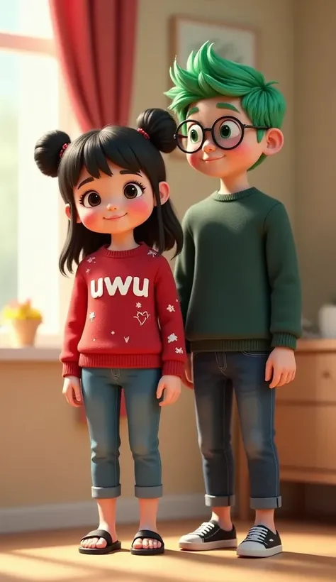 4 people, 3D animation pixar of woman with long loose wavy hair without buns)), woman wearing red Christmas pattern print shirt and jeans with black sandal, standing up in living room with ((a beautiful and cute infant girl, blushing cheeks, wearing a red ...