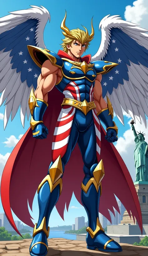 Imagine a character from the Saint Seiya cartoon, with armor and clothes that are in the colors of the flag and elements inspired by the United States of America. The setting can be in a well-known place in the mentioned country. Anime style from the Saint...