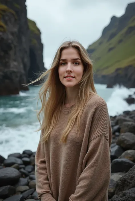 make her blonde, make her wear cotton sweater. details, make it realistic, Faroe Islands scenery.