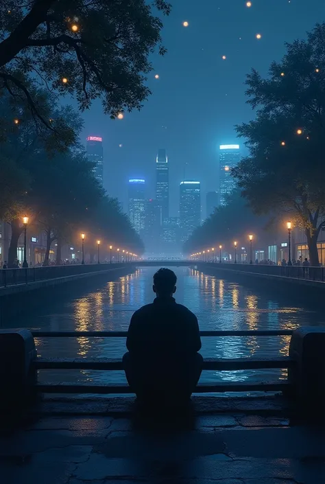 Man sitting on a bridge at night and on the horizon a city with wet pavement and dim lights that reflect on the wet floor and trees with lanterns and fireflies.