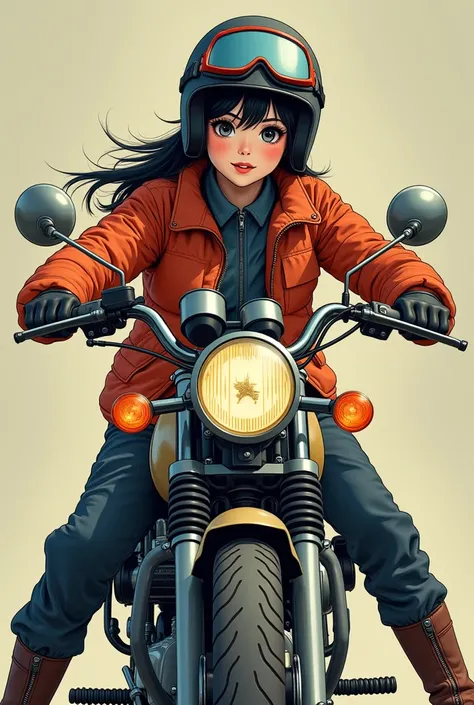   high res ,  Japanese beauty full of energy 　smile,  black hair, Disorganized shortcuts,   rides a motorcycle with fishing tackle　  helmet  　Vintage Goggles 　  Flight Jacket  　Thermal pants　  boots　 reservoir　  pop art 