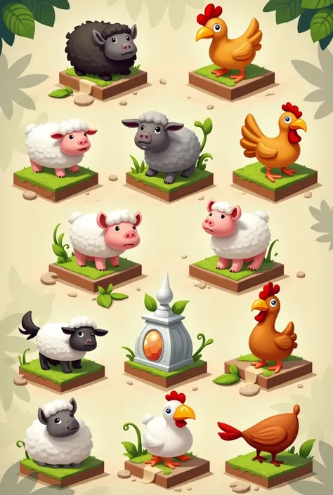 stylized game icons, maze, tower defense, casual game, playstore icon, farm animals
