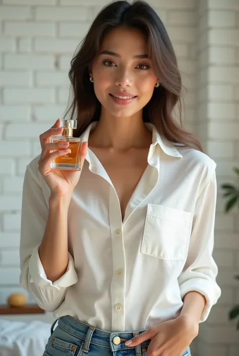   woman holding perfume bottle ,   photo shoot for perfume brand , small waistคางสมมาตร ,   model wearing white shirt  , Jeans,  attractive appearance ,  white brick , ,  Nanchuan  ,  face cleansing , sponge, cello ,   thin waist high definition  ,  Look a...