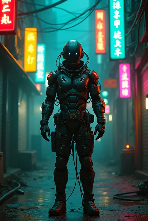 A cyberpunk digital artwork depicting a technological future, characterized by dense neon signs in various colors such as green, blue, yellow, pink, orange and red. The central figure is a robot, 1 cyberpunk robot, robot with exposed wires, wearing technol...