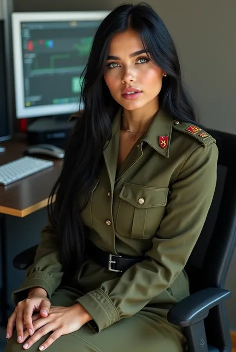 A young Latina woman with long black hair, greenish eyes, tanned skin, a pretty face and a pink mouth. The woman will be wearing an army uniform of the Russian Soviet Union, sitting in a swivel chair in front of a camera panel.