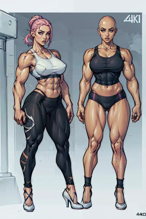 digital anime art, highly detailed, reference sheet, standing pose, feminine features, mature woman, adult female, muscular figure, six pack abs, thick arms and legs, whole body, bald, form-fitting, sports bra, yoga pants, ballerina shoes, 1woman, solo, up...