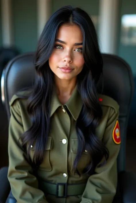 A young Latina woman with long black hair, greenish eyes, tanned skin, a pretty face and a pink mouth. The woman will be wearing an army uniform of the Russian Soviet Union, sitting in a swivel chair in front of a camera panel.