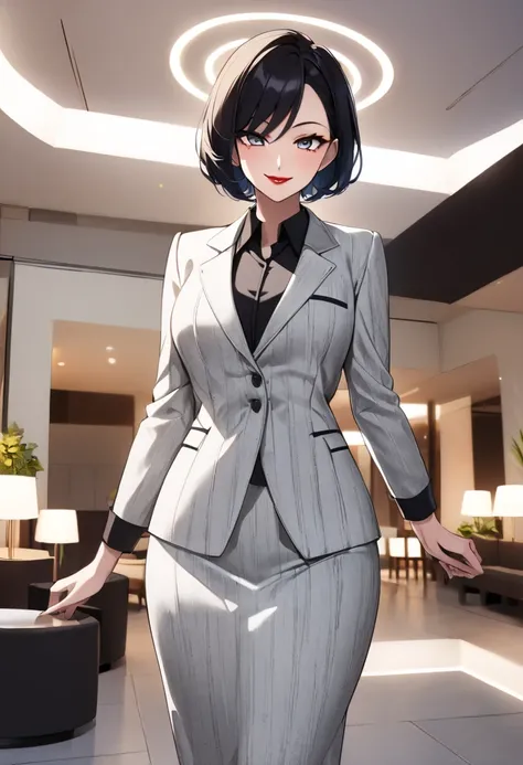 1 woman, Mature Female,  sharp eyes,  dark eyed, Eye smile, Red lips, Slim body, black short Hair, Side Swept hair, white tweed one piece, black tshort, Plastic surgery lobby