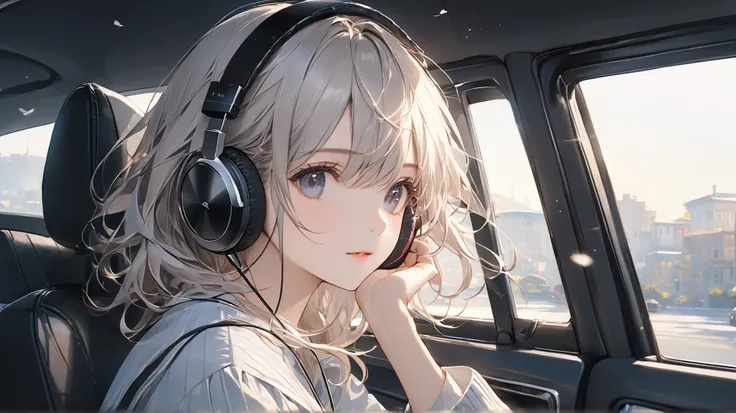 超 high res, (masterpiece:1.2),  top quality ,  high res,  Award-winning ,   high detail ,Little Bang 、１Traveling Girl、( listening to music with headphones in the car、 Open a Window and Look Outside )、 Cool Job 、 her hair fluttering in the wind 、 has a calm...