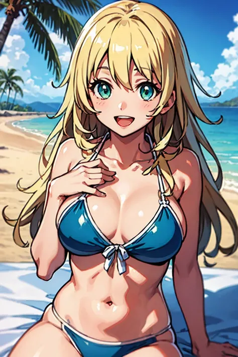  High Quality 、 high res、masterpiece、Anime,Anime style,atago_kantaicollection, blondes_hair, length_hair,  on my bed, chest, , ( giant _chest:1.5), smile,open_mouth,  bikini, green_eye, green_eye, Beach ,happy smile