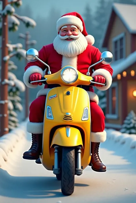 santa clause riding electric yellow Vespa branded Vinfast and and carrying charging station
