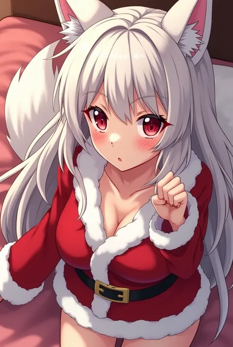 Screenshot of My Hero Academia Young woman with long white hair with loose red locks, red eyes Attractive with Kitsune ears and tail, with a blushing and shy look a little serious, pretty, beautiful. dressed as santa lying seductively on a bed full body St...